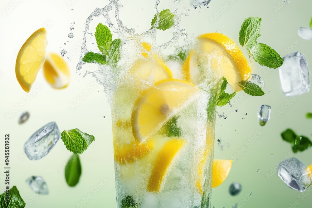 A refreshing drink with lemon slices and mint leaves splashing in ice, capturing the essence of summer freshness and enjoyment. A refreshing drink with lemon slices and mint leaves splashing in ice, capturing the essence of summer freshness and enjoyment.