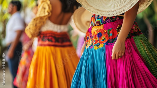 Diverse friends wearing colorful Colombian pollera skirts and sombrero vueltiao hats, celebrating together at a festive gathering.