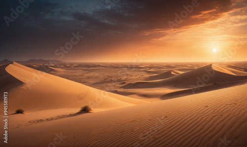 A golden sunset paints the desert sky over rolling sand dunes