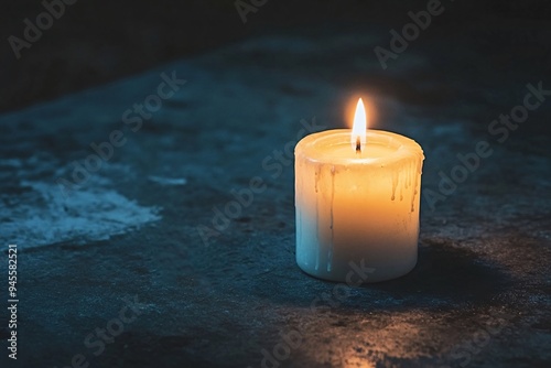 Bright white candle burns on a dark surface, offering hope and peace in the darkness. Perfect for themes like religion, prayer, and grief. Moody colors create a serene atmosphere