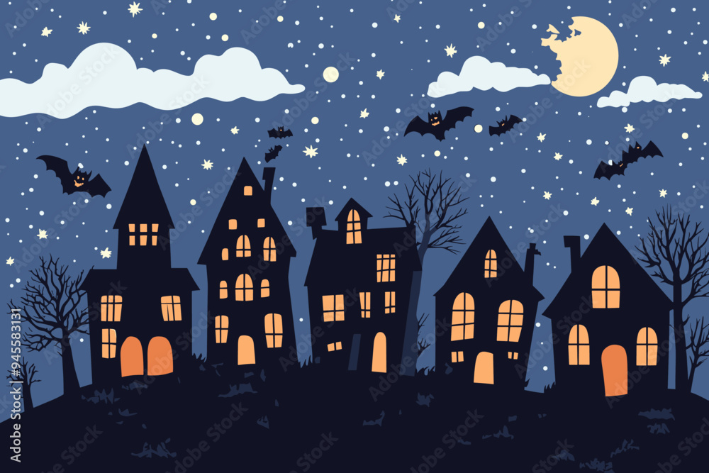 Halloween town silhouette of haunted houses, bats, pumpkins and a full moon with a scary feeling Halloween town silhouette of haunted houses, bats, pumpkins and a full moon with a scary feeling