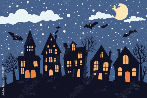 Halloween town silhouette of haunted houses, bats, pumpkins and a full moon with a scary feeling