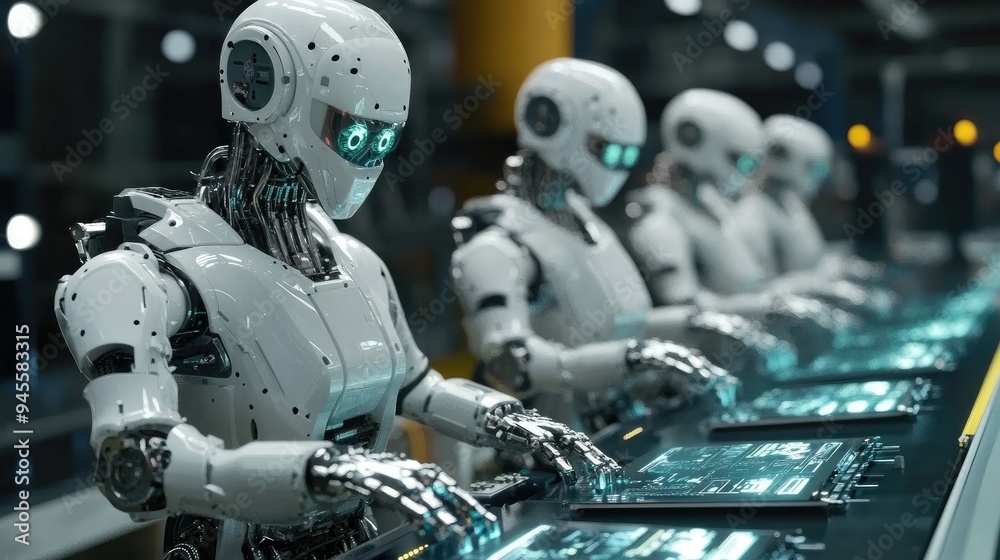 Industrial robots working on an assembly line, manufacturing electronic devices Industrial robots working on an assembly line, manufacturing electronic devices