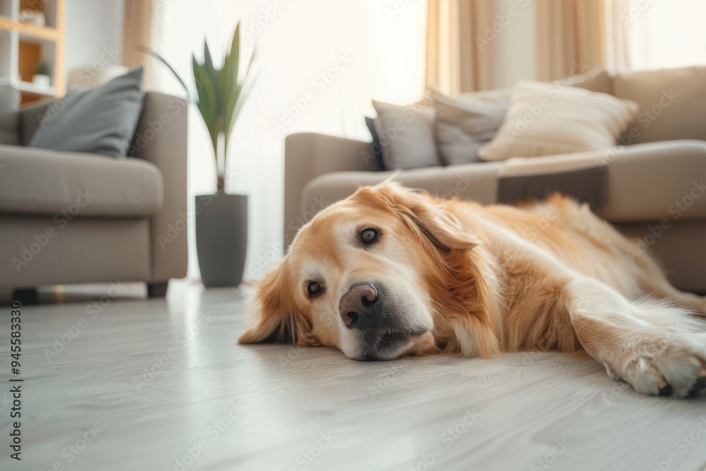 Bored golden retriever resting on the living room. Bored golden retriever resting on the living room.lying on the floor. Bored golden retriever resting on the living room. Bored golden retriever resting on the living room.lying on the floor.