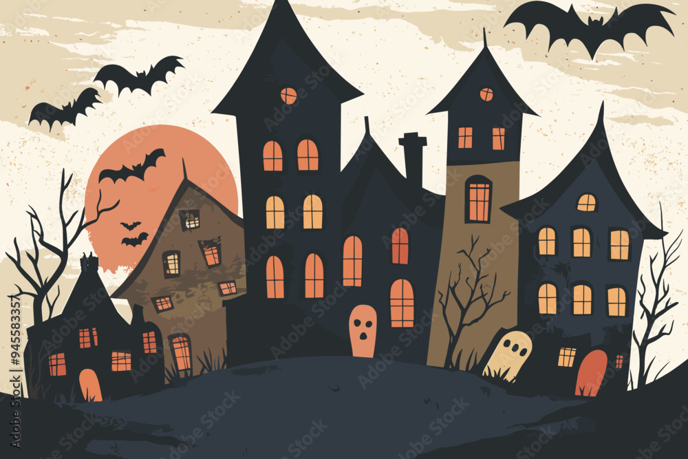 Halloween town silhouette of haunted houses, bats, pumpkins and a full moon with a scary feeling Halloween town silhouette of haunted houses, bats, pumpkins and a full moon with a scary feeling