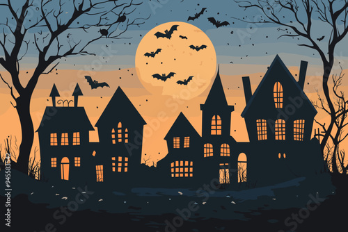 Halloween town silhouette of haunted houses, bats, pumpkins and a full moon with a scary feeling