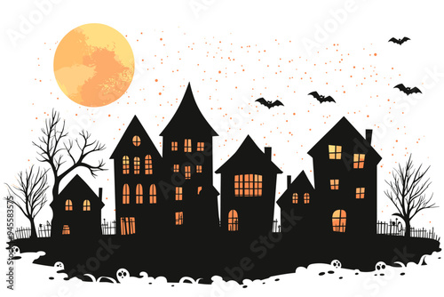 Halloween town silhouette of haunted houses, bats, pumpkins and a full moon with a scary feeling