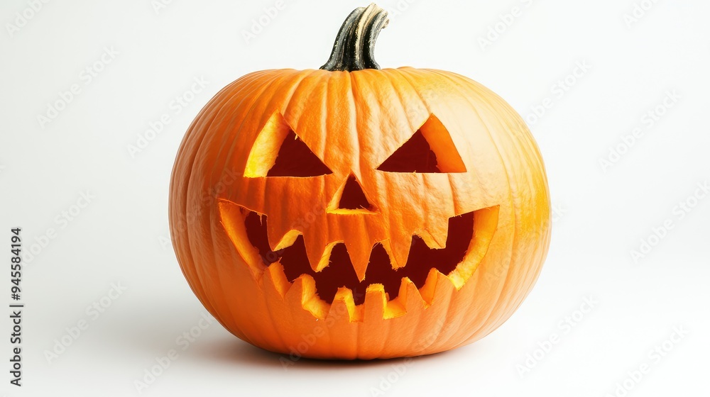 A Halloween pumpkin with a mischievous grin, isolated on a bright white background. A Halloween pumpkin with a mischievous grin, isolated on a bright white background.