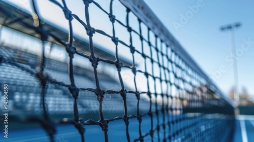 A tennis net is shown in a blue sky background photo