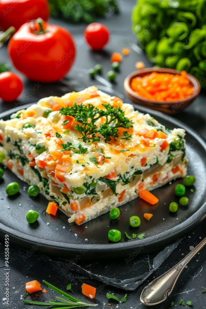 Vegetarian Lasagna with Spinach, Carrots, and Ricotta on Black Background, Healthy Dinner Vegetarian Lasagna with Spinach, Carrots, and Ricotta on Black Background, Healthy Dinner