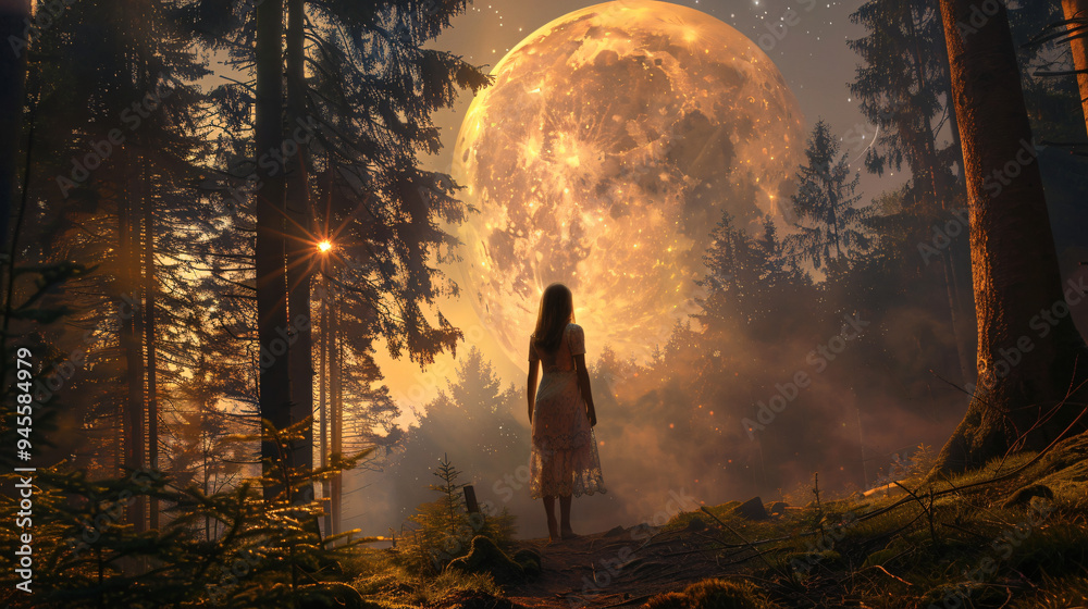 Fototapeta premium Silhouette of a Girl in Black Forest with an Enormous Moon