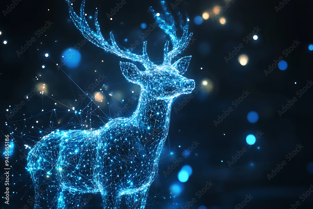 An abstract digital background banner featuring a deer silhouette integrated with data connection elements in blue and black colors An abstract digital background banner featuring a deer silhouette integrated with data connection elements in blue and black colors