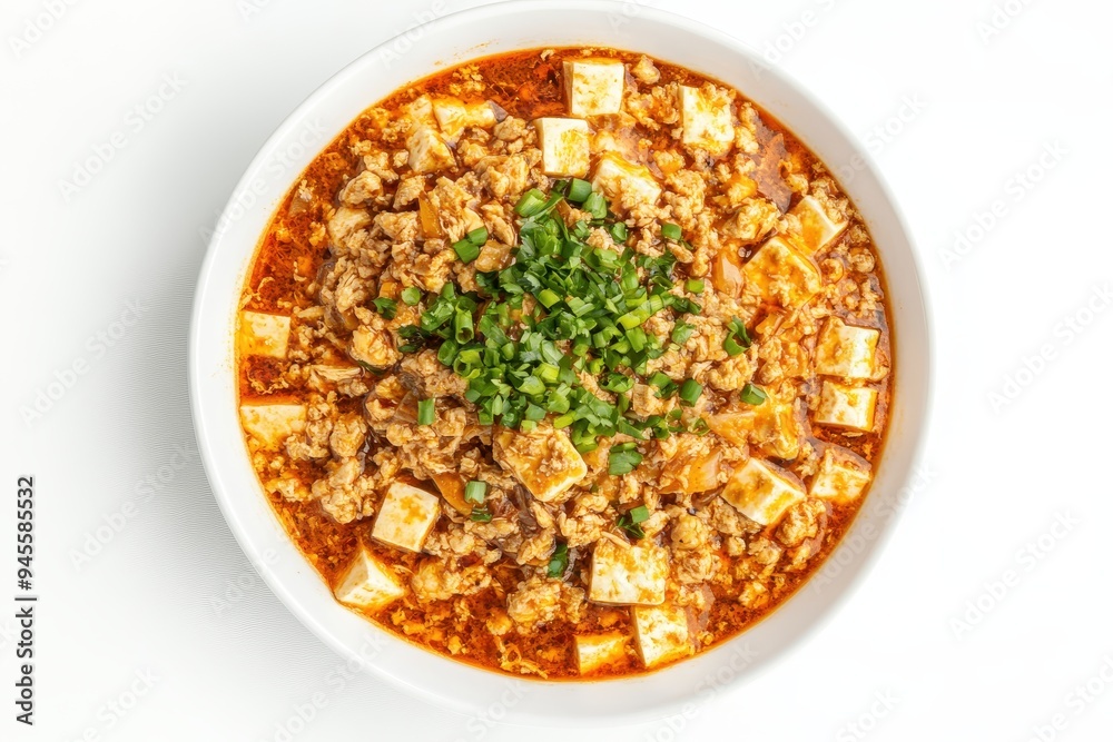 A bowl of spicy tofu and minced meat dish garnished with green onions. A bowl of spicy tofu and minced meat dish garnished with green onions.