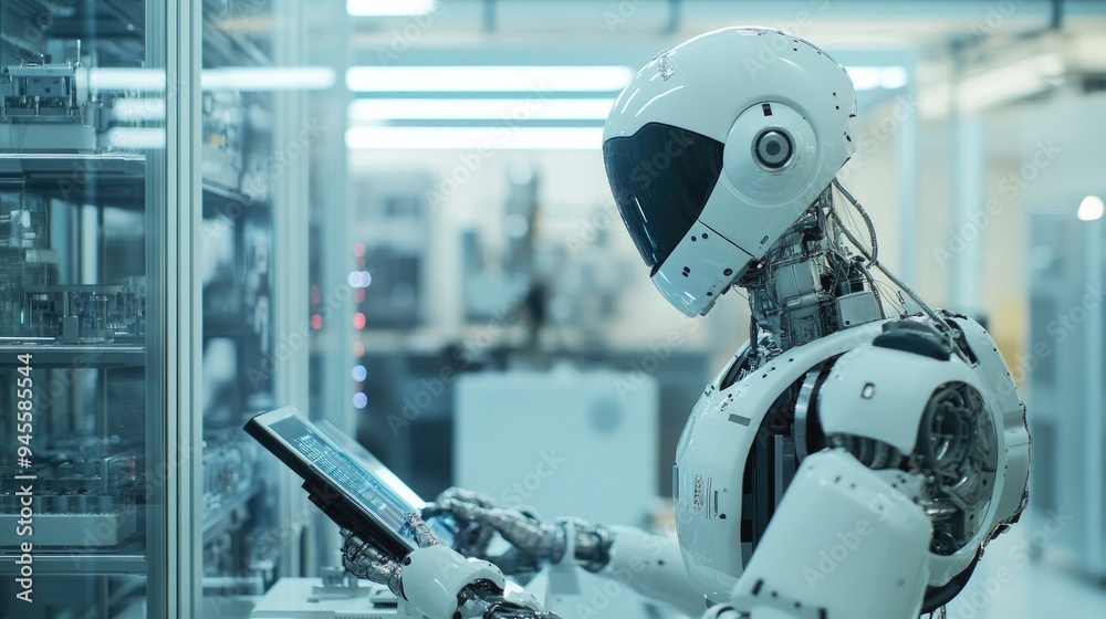 Robot performing a task in a smart factory, showcasing industrial automation Robot performing a task in a smart factory, showcasing industrial automation