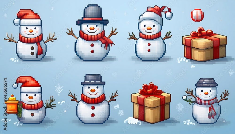 Pixelated Winter New Year Icons - 16 bit pixel art collection with winter elements for game - snowman, gift boxes. Game design assets. Graphic art 8 bit illustration isolated. Ai Generated Pixelated Winter New Year Icons - 16 bit pixel art collection with winter elements for game - snowman, gift boxes. Game design assets. Graphic art 8 bit illustration isolated. Ai Generated