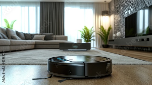 Robot vacuum cleaner operating in a modern living room, cleaning the floor autonomously