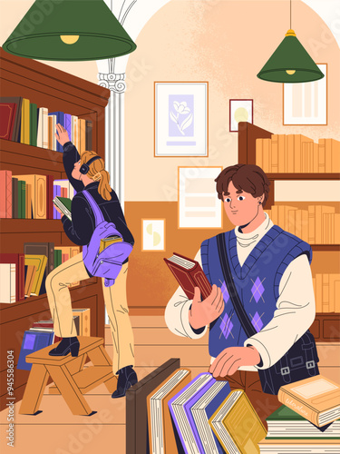 People choose literature for reading in bookstore. Students make choice of textbooks for learning in public library. Girl gets book from high bookshelf. Bookshop interior. Flat vector illustration
