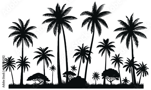 Palm tree silhouettes vector illustration black and white landscape, perfect for tropical decor