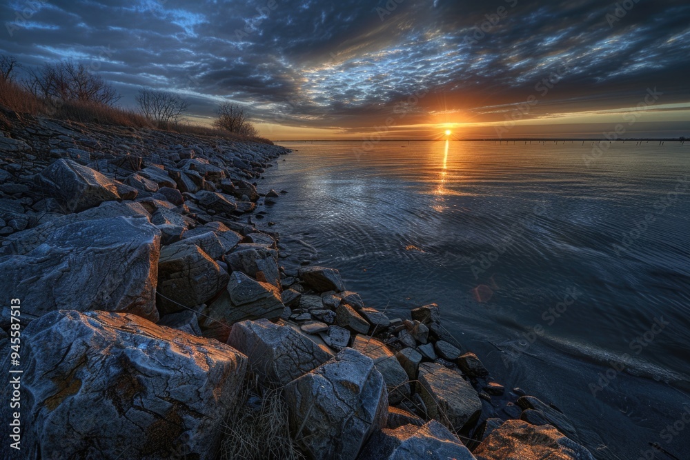 Obraz premium A serene scene of a sunset over a body of water with rocks in the foreground, perfect for use in travel or nature-related projects