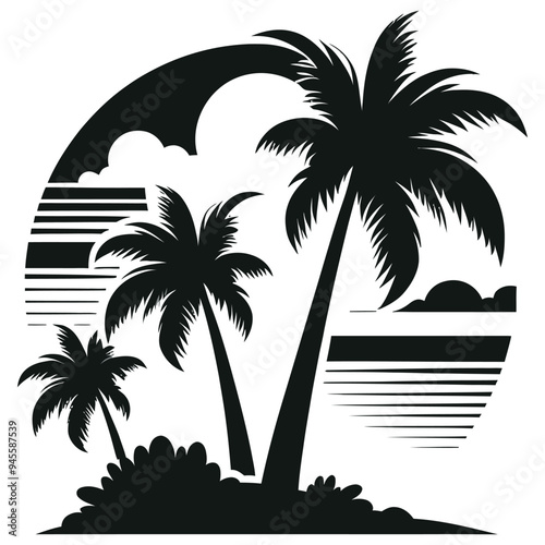 Tropical palm trees illustration, black and white vector, summer-themed wall art or decor