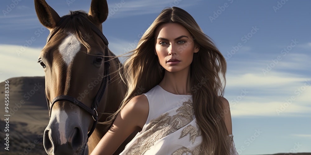 Obraz premium Pretty attractive elegant female woman girl with horse animal standing close scene