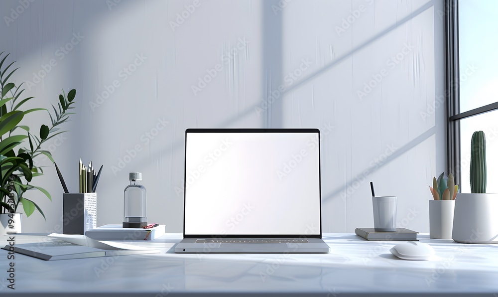 Comfortable workspace with open blank screen laptop computer and office supplies. Comfortable workspace with open blank screen laptop computer and office supplies.