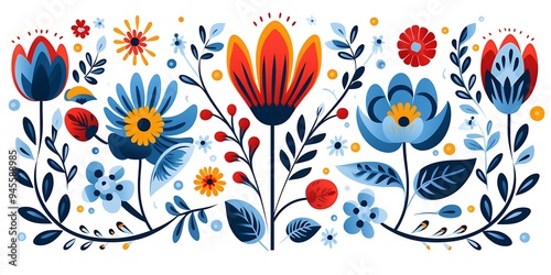 flat illustration of traditional Scandinavian folk art floral, in blue, red, and yellow colors on a white background.