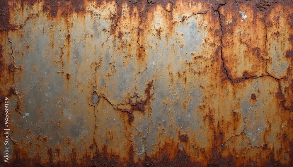 Fototapeta premium Rust texture on a metal surface with visible stains and cracks, ideal for industrial or vintage style projects.