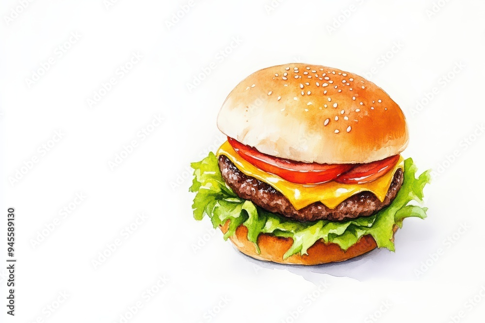 Delicious hamburger featuring sesame seed bun, juicy beef patty, fresh lettuce, ripe tomato, and melted cheese, perfect for food lovers.