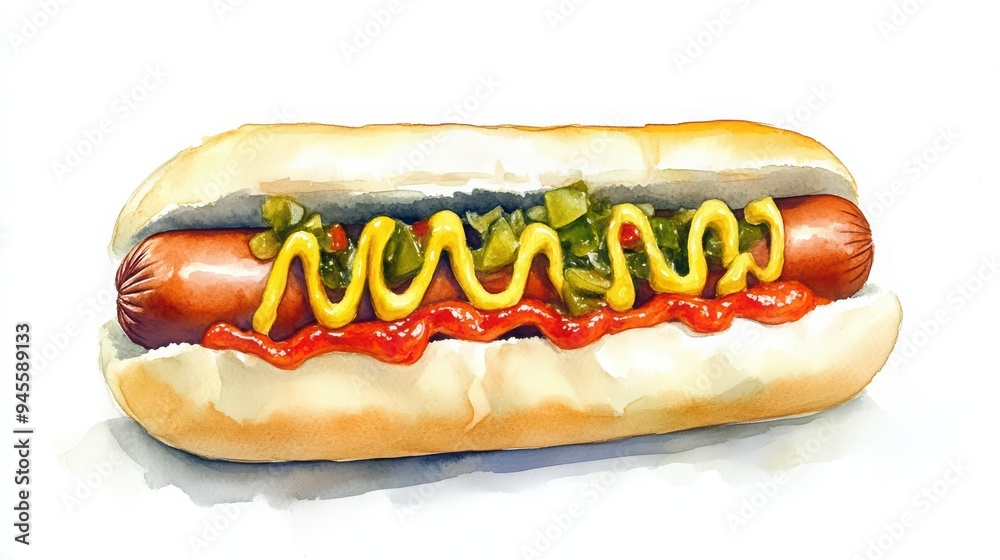 Delicious hot dog topped with mustard, ketchup, and relish on a fresh bun, perfect for picnics, barbecues, and outdoor events. Delicious hot dog topped with mustard, ketchup, and relish on a fresh bun, perfect for picnics, barbecues, and outdoor events.