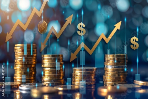 Stacked Coins with Digital Financial Data and Growth Arrows in a High-Tech Setting