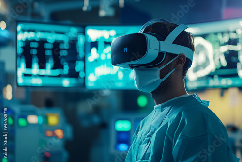 VR Surgery: A surgeon wearing a VR headset stands in a futuristic operating room, showcasing the innovative use of technology in modern medicine. 