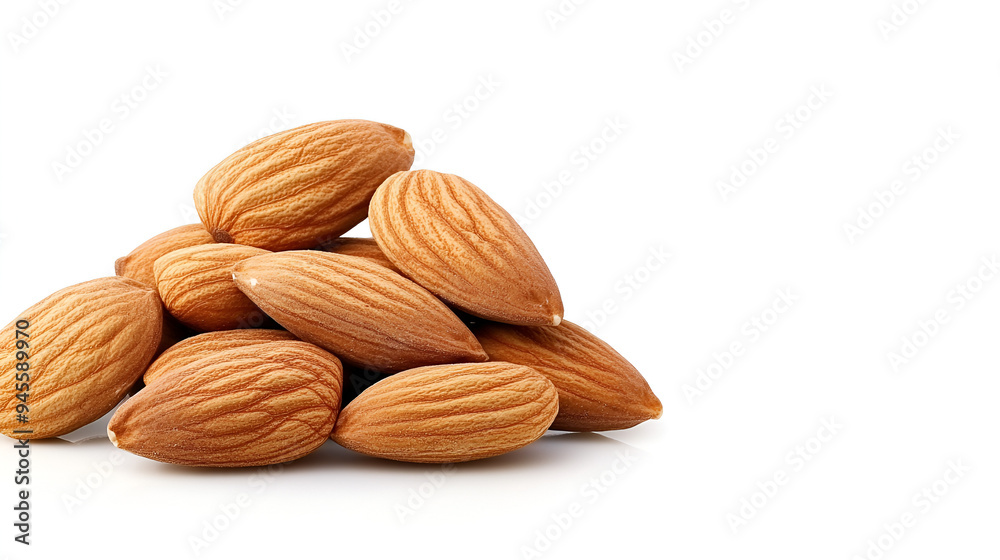 close-up of Unshelled almonds on isolated white background. ai generative. close-up of Unshelled almonds on isolated white background. ai generative.
