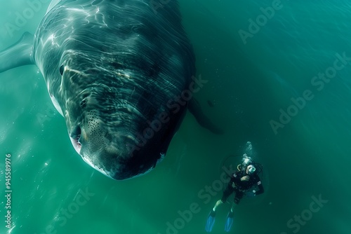 A diver encounters a massive sunfish while exploring the clear waters of the ocean during a sunny day
