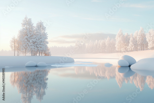 Winter landscape with a frozen lake and snow covered trees. winter Christmas and New Year card and background for greeting, banner, poster, template photo