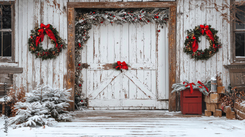 Rustic barn door decorated with Christmas wreaths and red bows in a snowy winter landscape, perfect for holiday themes and festive designs.