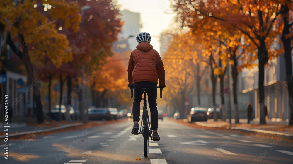 A cyclist wearing a helmet rides down a tree-lined street during autumn, surrounded by vibrant fall foliage in the city.