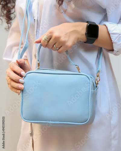 Purse hand bag on female hand. Women's outfit and lifestyle accessories concept. Stylish leather hand purse bag. Hand holding a purse.