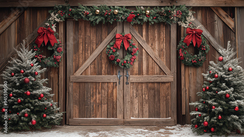Rustic wooden barn door decorated with Christmas wreaths, red bows, and snow-covered pine trees, capturing a festive holiday spirit.