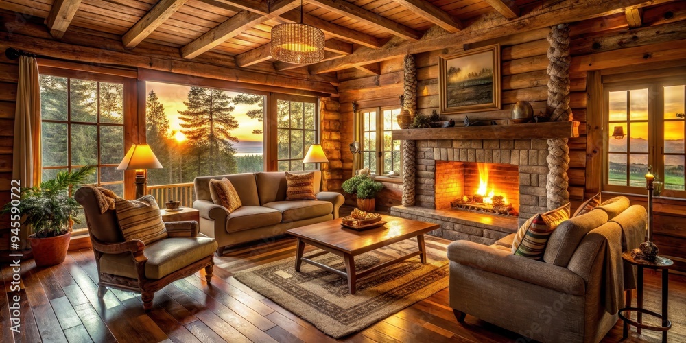 Cozy rustic cabin living room bathed in golden hour glow , cabin, living room, cozy, rustic, golden hour
