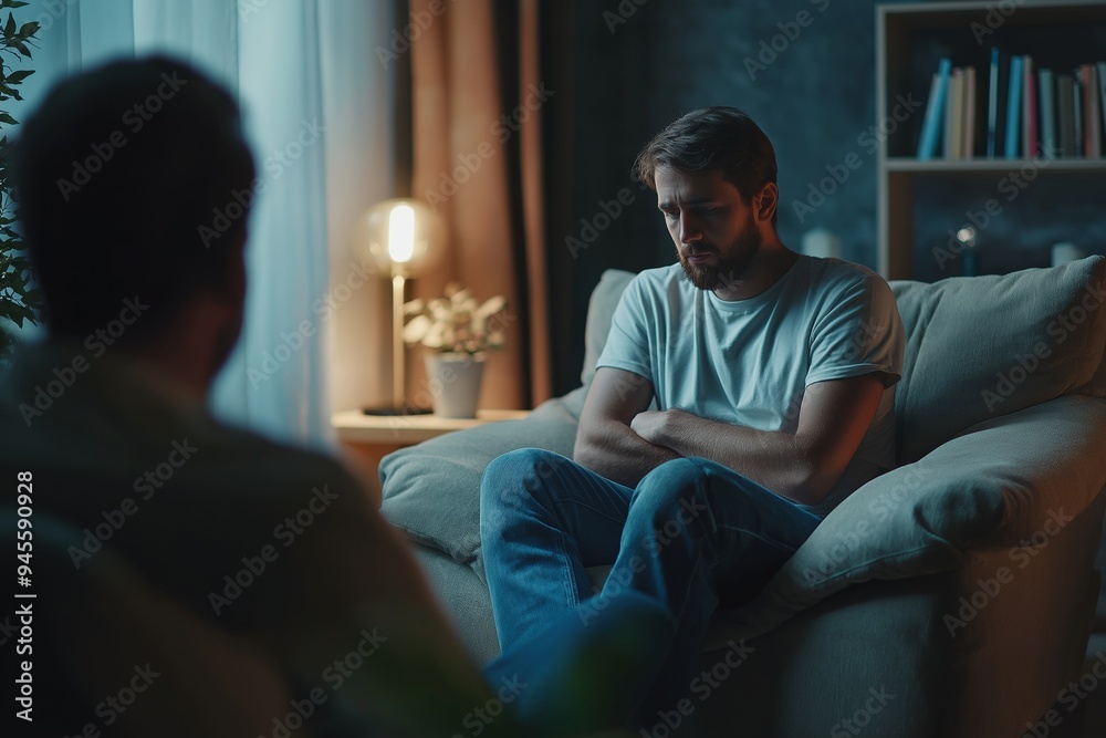 Obraz premium A man sits on a couch with his arms crossed, looking sad. Another man is sitting next to him
