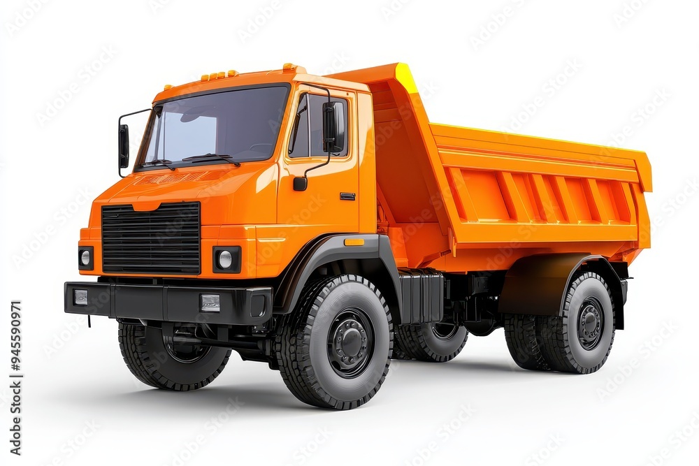 A bright orange dump truck designed for transporting and unloading materials. A bright orange dump truck designed for transporting and unloading materials.