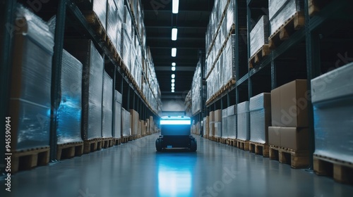Autonomous robot navigating through a warehouse, transporting goods efficiently