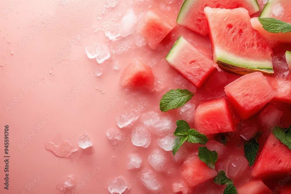 Fresh watermelon pieces on a pink surface with ice and mint, perfect for summer and healthy food concepts. Fresh watermelon pieces on a pink surface with ice and mint, perfect for summer and healthy food concepts.