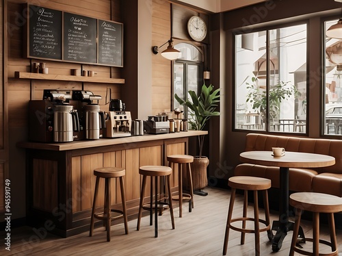 interior design of cafe with wooden vintage style decorated with warm and cozy tones relaxing tones with classic old wood round corner counter and coffee machinery