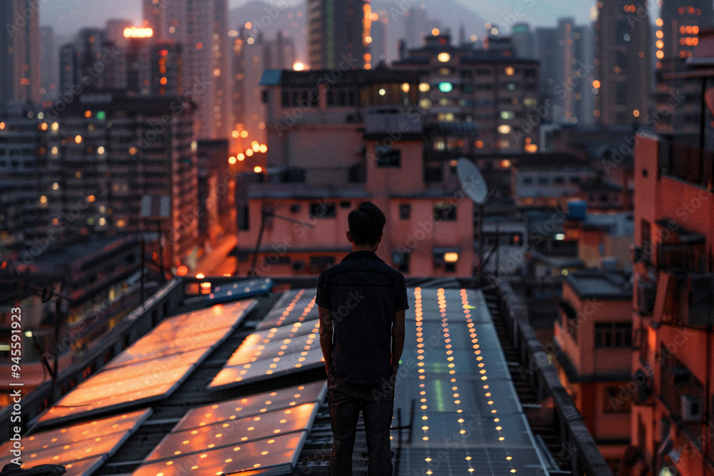 A person stands alone on an urban rooftop, gazing at the sprawling city skyline illuminated by evening lights, capturing the sense of solitude and immersion in urban life. A person stands alone on an urban rooftop, gazing at the sprawling city skyline illuminated by evening lights, capturing the sense of solitude and immersion in urban life.
