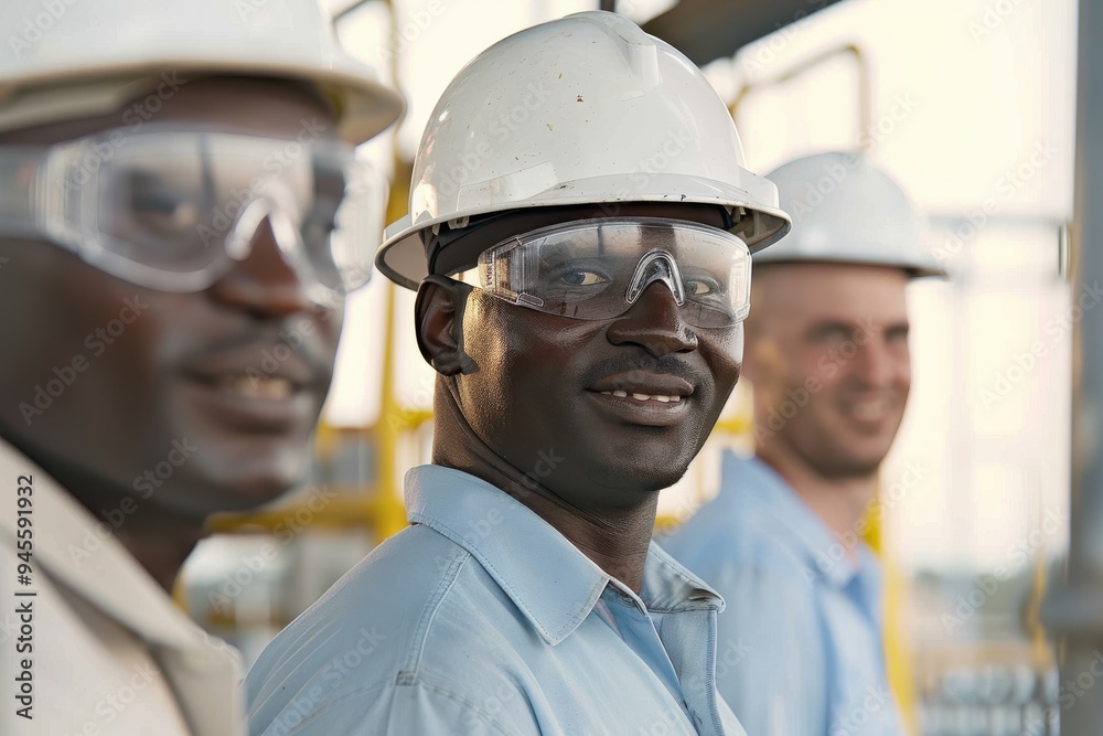 Multi-ethnic engineers at industrial site Two men are pictured working at an industrial site. In the foreground, one man is slightly out of focus with safety goggles on, with a shiny white hard hat an Multi-ethnic engineers at industrial site Two men are pictured working at an industrial site. In the foreground, one man is slightly out of focus with safety goggles on, with a shiny white hard hat an