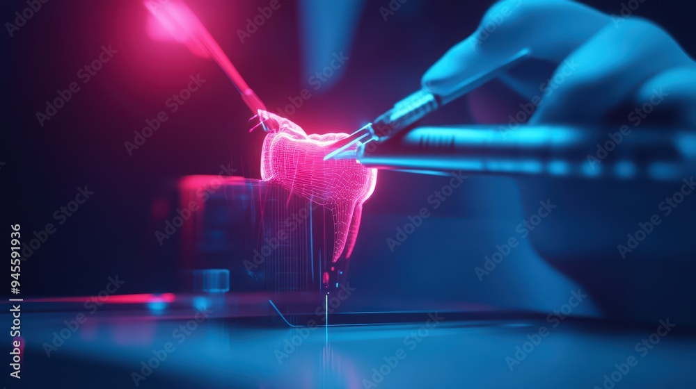 Futuristic dental procedure with neon elements showcasing advanced technology in oral healthcare. Futuristic dental procedure with neon elements showcasing advanced technology in oral healthcare.