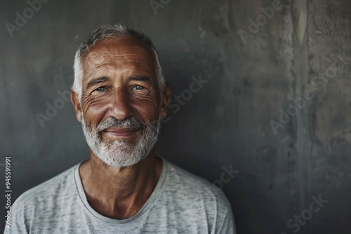 An older man stands against a dark, textured wall, creating a strong contrast between the subject and the background, evoking themes of wisdom and experience.
