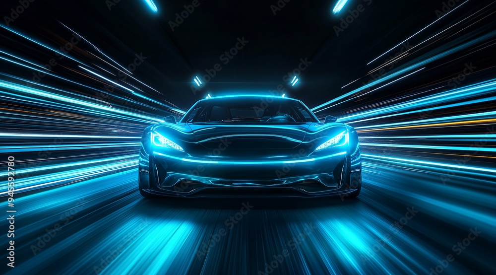 A blue sports car with LED headlights driving on the road surrounded by light trails 